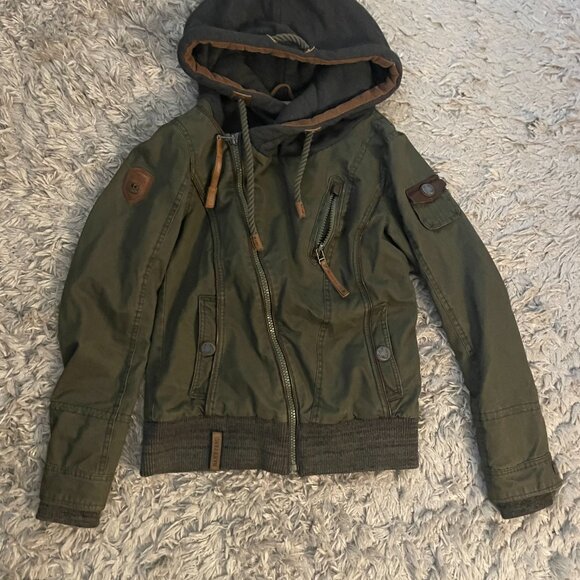 Naketano Asymmetrical Olive Green Diagonal Zip Jacket w/ Hood Size S/M - Picture 3 of 10